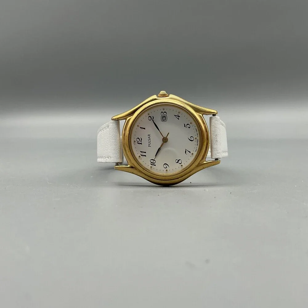 Pulsar V782-0E30 Womens Watch 28mm Gold Tone White Leather New Battery